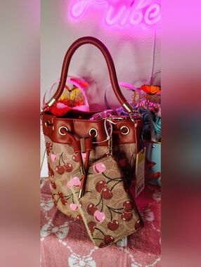 Cherry-Print Bucket Shoulder Bag in Brown and Pink